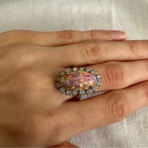 Elegant Pink and Gold Statement Ring with Rhinestones - Size 6